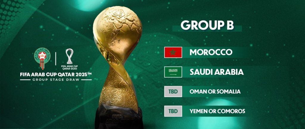 أوقعت قرعة بطولة كأس العرب (فيفا) قطر 2025 التي جرت اليوم الأحد بالدوحة المنتخب المغربي في المجموعة الثانية الى جانب السعودية والفائزين في مبارتي الملحق المؤهل للبطولة (عمان أو الصومال واليمن او جزر قمر ) .