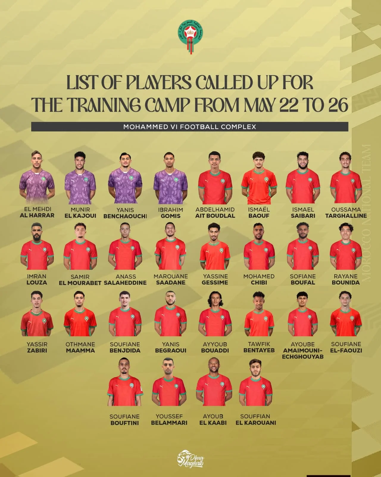 استعدادا لنهائيات كأس العالم لكرة القدم 2026، يدخل المنتخب الوطني المغربي معسكرا إعداديا، في الفترة من 22 إلى 26 ماي الجاري، بمركب محمد السادس لكرة القدم بسلا.